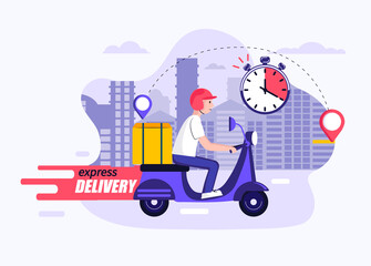 Express and free delivery in time by scooter,concept.Fast food and other shipping service for websites and apps.Vector illustration of quick and express deliver.Advertise for restaurants,caffees,shops