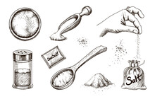 Collection of hand drawn sea salt. Salting crystals. Glass bottles and salt shaker and packaging sketch vector set