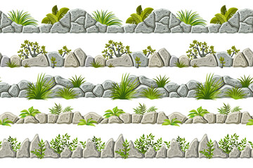 Wall Mural - Set of seamless old gray border with grass, leaves and moss. Vector stone sidewalks for computer games isolated on white background.