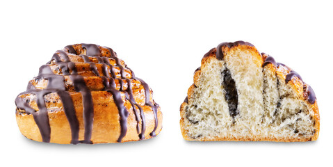 Roll bun with chocolate glaze on a white isolated background