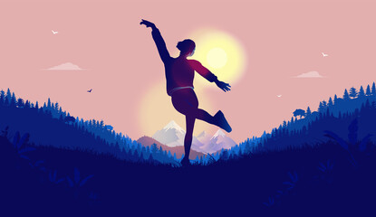 Woman freedom - Female dancing in nature enjoying total freedom and happiness. Happy, contempt, luck and satisfaction concept. Vector illustration.