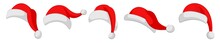 Santa Claus Hats Set. Winter Cap. Santa Red Hats With White Fur.Vector Santa Claus Hat Colllection. Vector Illustration