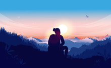 Relax In Nature - Woman Sitting Alone On Hilltop Watching The Beautiful View Of Landscape. Enjoy Wilderness, Nature Beauty And Recreation Concept. Vector Illustration.