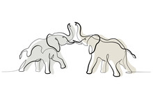 Two Elephants Fighting. One Line Art Drawing