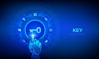 Poster - Key. Keyword. Key to success or solution. Turnkey solution and services technology concept on virtual screen. Robotic hand touching digital interface. Vector illustration.