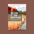 © photographeeasia - Poster template with landscape in autumn design for brochure and advertise.Fall seasons watercolor vector illustration