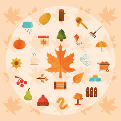 Sticker - autumn season weather maple leaf basket hat pumpkin icons set