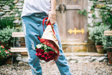 Girl Holding Valentine's Gift - Bouquet Of Red Roses.