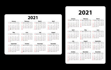 Two Pocket calendar on 2021 year. Horizontal and vertical. Week starts from Sunday. Vector template calendar for business on black background.