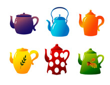 Set Of Multi-colored Teapots. Vector Illustration Isolated On White Background. For Icons, Logos, Designs. 