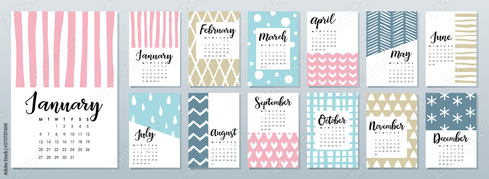 2020 calendar with calligraphy lettering on colorful pattern background. - obrazy, fototapety, plakaty 