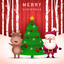 Merry Christmas And Happy New Year 2021 Greeting Card With Bull.