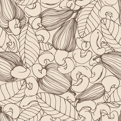 Wall Mural - seamless pattern of a set of peeled cashew nuts, leaves & fruits, for ornaments, menu decorations, color vector illustration with sepia contour lines on a milky background in a hand drawn style