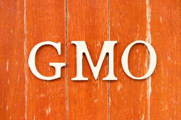 Wall Mural - Alphabet letter in word GMO (abbreviation of Genetically Modified Organisms) on old red color wood plate background