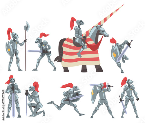 Fotografía Medieval Knights Set, Chivalry Warrior Characters in Full Heavy Metal Body Armor
