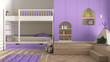 © ArchiVIZ - Modern minimalist children bedroom in purple pastel tones, parquet floor, bunk bed, cabinets with toys, puppets and decors, soft carpet, tepee, interior design concept idea