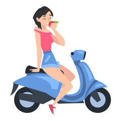 Canvas Print - Young Woman Eating Apple while Sitting on Scooter, Side View of Cheerful Girl Driving Motorbike Cartoon Style Vector Illustration