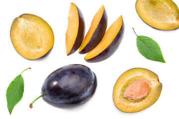 Wall Mural - fresh plum fruit with green leaf and cut plum slices isolated on white background. top view. flat lay