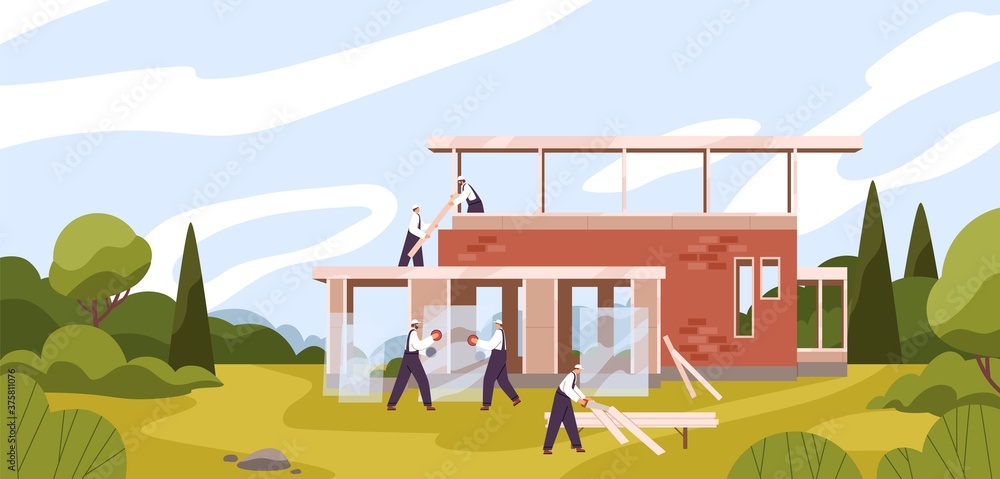 Housebuilder Graphics Team of professional builders constructing residential house vector ...