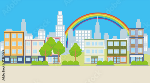 欧州風ヨーロッパ風の家戸建てと町並み風景の背景イラスト樹木自動車青空白い雲と虹ベクターデータ Townscape Illustration Buy This Stock Vector And Explore Similar Vectors At Adobe Stock Adobe Stock