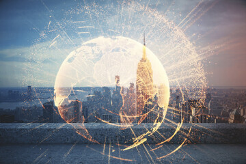 Double exposure of social network theme drawing and cityscape background. Concept of people connecton.