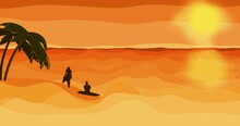 Seamless Repeating Background With A Landscape Stylized As An Illustration With A Sea, A Tropical Island And A Girl And A Man At Sunset. Concept - Romance Of A Beach Holiday While On Vacation

