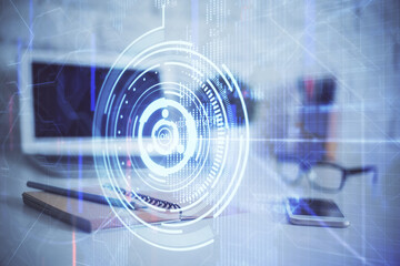 double exposure of desktop computer and technology theme hologram. concept of software development.