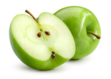 Green apple isolate. Green apples on white background. Whole and a half of green apple with clipping path.