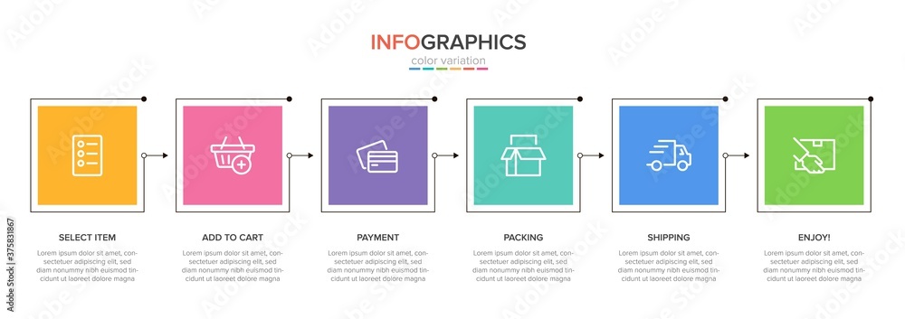 Concept of shopping process with 6 successive steps. Six colorful graphic elements. Timeline design for brochure, presentation, web site. Infographic design layout. - obrazy, fototapety, plakaty 