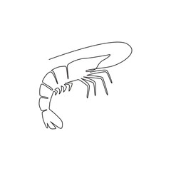 Wall Mural - Single continuous line drawing of big shrimp for healthy seafood logo identity. Prawn mascot concept for farming cultivation icon. One line draw design vector graphic illustration