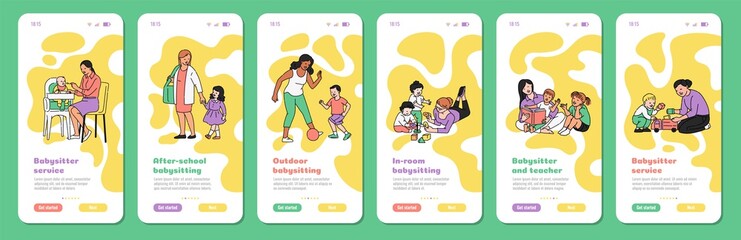 Child babysitter app banner set with cartoon nanny women and kids