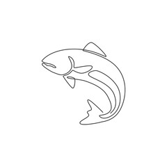 One single line drawing of big salmon for logo identity. Large lake fish mascot concept for fishing tournament icon. Continuous line draw design vector graphic illustration