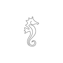 One Continuous Line Drawing Of Adorable Sea Horse For Logo Identity. Little Sea Monster Creature Mascot Concept For Sea World Icon. Modern Single Line Draw Design Vector Illustration