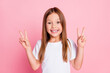 Close-up portrait of her she nice attractive glad red foxy ginger cheerful cheery girl showing double v-sign good mood isolated over pink pastel color background