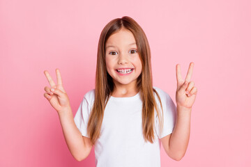 Sticker - Close-up portrait of her she nice attractive glad red foxy ginger cheerful cheery girl showing double v-sign good mood isolated over pink pastel color background