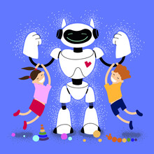 Babysitter Robot With Children Vector Illustration. Robot Nanny With Kids. Robotic Friend. Kind Robot Home Futuristic Assistant Plays With Children.