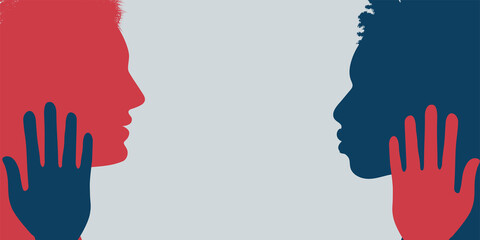 Wall Mural - Banner of two multiethnic people silhouette in profile. Concept of racial equality and anti-racism. Multicultural society. Friendship. Stop racism and racial discrimination. Friendship
