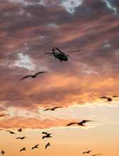 Marine Helicopter Flying Over Washington DC During Sunset