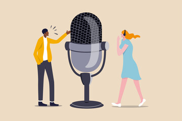 Podcast in episodic series of digital audio records broadcast or streaming via internet for easy listeners, professional podcasters man and woman talk with big podcast microphone and wearing headphone