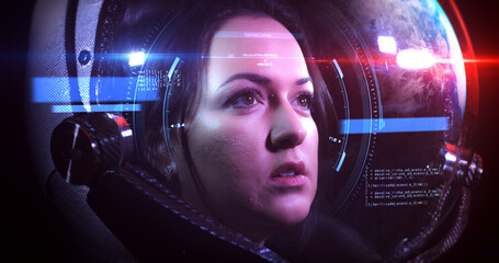 Wall Mural - portrait shot of the young beautiful female astronaut in space helmet. she is exploring outer space 