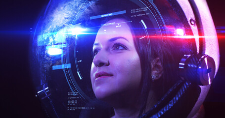 Wall Mural - portrait shot of the young smiling female astronaut in space helmet. she is exploring outer space in