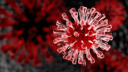 Wall Mural - Super closeup Coronavirus COVID-19 in human lung body background. Science and microbiology concept. Red Corona virus outbreak epidemic. Medical health and virology. 3D illustration rendering