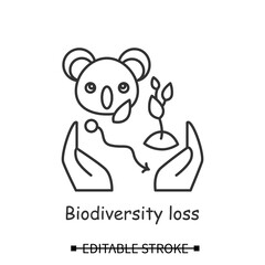 Wall Mural - Wildlife protection icon. Plant and Koala bear in palms line pictogram. Biodiversity loss, ecosystem sustainability and animal population recreation concept. Editable stroke vector illustration