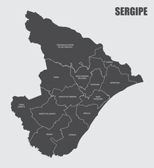 The Sergipe State map divided in regions with labels, Brazil