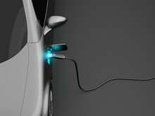 The Power Cable With Electrical Socket Is Connected To The Electric Car The Process Of Charging An EV. 3d Render.