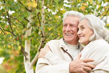 Wall Mural - Beautiful senior couple hugging in the park