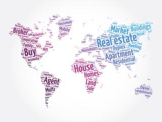 Real estate word cloud in shape of world map, business concept background