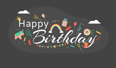 Poster - Happy birthday, black card inscription, important date, anniversary celebration, design cartoon style vector illustration. Festive mood, colorful text, handwritten font, cheerful decorative poster.