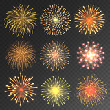 Fototapeta Kuchnia - Festive fireworks collection. Realistic colorful firework on transparent background. Christmas or New Year greeting card element. Vector illustration.