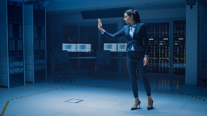 Aufkleber - In Modern Data Center Research Laboratory Beautiful Confident Woman Does Virtual Reality Activating Touch Gesture. Mock-up Augmented Reality Shot.